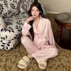 Pijama de Seda Helada Estilo Nuevo 2026 para Mujer, Manga Larga Pantalón Largo, Cárdigan con Estampado de Lunares y Lazo, Casual y Se Puede Usar Afuera, Ropa de Casa