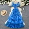 Vestido Floral Delicado Estilo Francês com Mangas Bufantes para Mulheres, Versão Coreana de Verão, Decote Quadrado, Cintura Alta, Modelo Evasê Elegante em Camadas, Emagrecedor