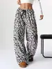 Marca independente transfronteiriça, estilo europeu e americano, calça pantalona com estampa de leopardo para mulheres, cintura alta, fluida, comprimento até o chão, modelagem solta, modeladora, casual e adequada para o uso diário