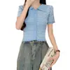 Foto Real de Polo de Punto Rayado para Mujer, Estilo Corto, Nuevo Diseño Primavera 2026, Top de Manga Corta para Tallas Pequeñas