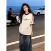 Camiseta de Algodón 100% Puro Nueva Linda de Tres Rayas Manga Corta para Mujer Verano Cuello Redondo Casual Holgada Adelgazante Pareja Tops