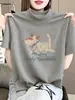 Camiseta feminina de algodão puro, manga curta, gola alta meia, escovada e espessa, branca, estilosa e versátil, top base para moda outonal