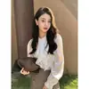 Camisa blanca de satén de acetato con mangas abullonadas estilo francés, camisa fina y elegante de otoño para mujer con cuello alto, top protector solar