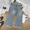 Jeans Feminino 2025 Primavera Novo Cintura Alta Slim-fit Emagrecedor Micro-flare com Borda de Pelo Cor Clara Calças Micro-flare para Mulheres Pequenas