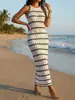 Ropa Europea y Americana Transfronteriza para Mujer, Vestido Camiseta sin Mangas Sexy y Atrevido, Vestido Rayado Hueco, Cubre Traje de Playa, Falda Bodycon para Mujer