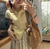 Camiseta Cinza Estilo Francês com Gola Polo de Manga Curta para Mulheres, Verão Fina Slim-Fit Manga Bufante Gola Boneca Tricô