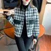Chaqueta de retazos de tweed con bolsillo y botones de espiga para mujer, otoño e invierno, top corto elegante de manga larga, transfronterizo