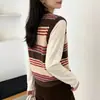 Elegante chaleco de punto a rayas con cuello redondo estilo retro para mujer, adecuado para primavera y otoño, se puede usar como capa exterior, suéter sin mangas, cárdigan o top