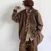 Suéter Cardigan Neutro com Listras Maillard para Outono e Inverno para Meninos e Meninas Estilo Preppy Gola V Retrô Tricotado Jaqueta de Casal