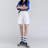 Pantalones de cinco puntos azul oscuro para mujer, verano, delgados, cintura alta, corte A recto, largo medio, shorts de mezclilla de pierna ancha pequeña, modernos ins