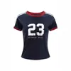 Camiseta Deportiva Nueva de Verano con Diseño Retro de Bloques de Color y Letras Estilo Jersey para Mujer, Top Americano Ajustado de Manga Corta