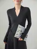 Suéter de Lana Tejido Delgado con Cuello en V y Diseño de Onda de Agua para Mujer Otoño Manga Larga Prenda Base Interior y Exterior Color Albaricoque
