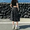 Jeans cropped de perna larga com camuflagem estilo americano para mulheres, novo modelo verão 2026, caimento solto, afina a silhueta, cintura alta, perna reta, comprimento médio, estilo workwear