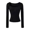 Camiseta de Manga Larga con Cuello Cuadrado y Ribete de Encaje para Mujer, Estilo Nuevo de Otoño 2026, Chica Popular, Camiseta Básica Elástica Ajustada, Top Interior Corto