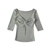 RY2676-2026 Estilo europeo y americano primavera-verano nuevo top sexy ajustado con cuello en V para mujer, camiseta adelgazante de manga media para chicas calientes