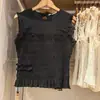 Colete Xadrez Plissado Estilo Francês para o Dia a Dia Feminino, Top Sem Manga Seersucker Plissado com Gola Redonda de Verão 488088