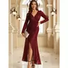 Vestido Largo de Lentejuelas para Mujer con Mangas Largas, Vestido Elegante con Escote en V para Fiesta, Cóctel o Boda