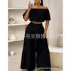 Nueva oferta transfronteriza: Top de dos piezas de manga corta para mujer europea y americana, elegante y a la moda, con tirantes, cintura escalonada y piernas anchas plisadas.