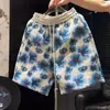 Shorts Casuais Masculinos de Jacquard Azul Tingido em Fio Estilo Étnico de Verão Moda Respirável Versátil para Praia