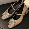 Zapatos de Tacón Alto para Mujer Estilo Francés con Hebilla de Pedrería, Nueva Colección Primavera y Otoño 2026, Zapatos de Tacón Grueso de una Sola Pieza, Zapatos Mary Jane de Punta Cuadrada para Mujer