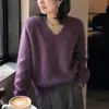 Suéter de lana cepillada con cuello redondo estilo perezoso para mujer, otoño invierno, nuevo, suave, holgado, color liso, jersey de punto base para mujer