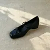 "Versión de cuero suave" zapatos de mujer negros de punta cuadrada con lazo y tacón grueso, zapatos Mary Jane poco profundos vintage elegantes para mujer