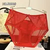 Ropa Interior Femenina de Encaje Rojo Grande Sexy Negra Sin Costuras de Cintura Media Algodón Puro en la Entrepierna Transpirable Ropa Interior Roja del Año del Zodiaco para Mujeres