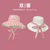 Sombrero de pescador de doble cara con estampado de cuadros y cordones para mujer, ala ancha de verano, sombrero de sol que adelgaza la cara, sombrero tipo cubo para protección solar al aire libre