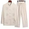 Traje bordado de manga comprida estilo Tang para avôs de meia-idade e idosos, roupa de verão para pais, roupas masculinas Hanfu estilo chinês, roupas para idosos