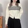 Cardigan Tricotado com Gola Polo e Recortes para Mulheres 2025 Outono Novo Estilo Preppy Suéter Justo Jaqueta Curta Top