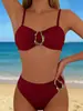 Traje de baño bikini de dos piezas con cuello halter para mujer con decoración de hebilla metálica, parte inferior de natación de cintura alta, traje de baño sexy para fotos de vacaciones en la playa