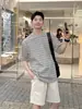 Camiseta de Verano Estilo Retro Americano Gris con Cuello Redondo y Rayas de Manga Corta para Hombres y Mujeres, Suéter Informal Holgado Versátil