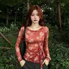 Camiseta de Malla de Verano Nuevo Estilo Estampada Irregular con Lazo y Mangas Largas para Mujer, Top de Verano con Diseño de Sol Rojo Protector