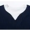 Camiseta suelta de manga larga de dos piezas falsas para hombre, primavera y otoño, marca de moda INS, con bloques de color, cuello redondo, top casual texturizado