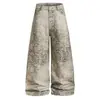 Pantalones casuales de estilo retro americano, estampado de leopardo integral, color block para hombre, nueva colección otoño 2026, pantalones de pierna recta lavados y desgastados