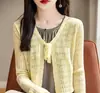Cardigan de Tricô com Renda Vazada e Cadarço, Tecido de Seda Gelada, Super Fada, para Mulheres, Proteção Solar de Verão, Gola V Fina, Peça para Ar Condicionado, Cobertura de Algodão