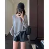 Camiseta a rayas de manga larga, hombros descubiertos, corte holgado, relajada y adelgazante, estilo coreano, para mujer, nueva para principios de otoño