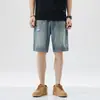 Pantalones cortos de mezclilla lavada con efecto desgastado estilo americano para hombre, de verano, finos, holgados, rectos, de cinco puntos