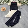 Conjunto de dos piezas para mujer: cárdigan de punto a rayas con cuello redondo estilo commuter y pantalones de pierna ancha, atuendo de otoño ajustado