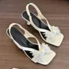 Sandalias Abiertas con Flor de Pedrería para Mujer, Nuevo Estilo Verano 2026, Estilo de Hada, Adecuadas para Usar con Vestidos, Tacones Altos Cómodos con Tacón Fino