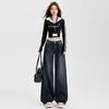 Pantalones vaqueros rectos estilo americano retro para mujer, aspecto entallado, combinables con todo, primavera y otoño, nuevos pantalones holgados de pierna ancha con aberturas, chenilla