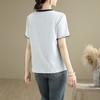 Foto real de camiseta holgada de manga corta con 25 volantes en stock para mujer, diseño de bloques de color de verano, top ajustado