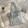 Bolsa de Lona con Texto de Cerámica de Encaje Estilo Pastoral Japonés Rayas Verticales Color Sólido Etiqueta Tejida Bolso de Hombro Único Fresco Bolso Tote para el Viaje Diario