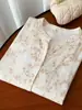 Camisa floral de gaze de algodão dupla camada com decote em V para mulheres, manga longa, estilo artístico vintage, macia, hipoalergênica, respirável, algodão puro, top de corte solto MHT