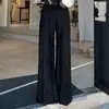 Chique coreano, minimalista, cintura alta, design plissado, calça de perna reta fluida, perna larga solta, calça casual comprida até o chão para o outono