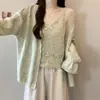 Conjunto de tweed estilo francês para mulheres, coleção de outono, plus size, muito elegante, conjunto de duas peças com cardigã de tricô e regata