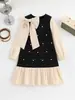 Vestido Infantil Estilo Primavera e Outono com Decoração de Laço, Elegante Vestido de Manga Longa Color-Blocking, Roupas Infantis Transfronteiriças