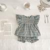 Ropa de Verano para Bebé Estilo Nuevo Manga Volante Cuadros Camisa Babydoll Conjunto de Shorts Ropa de Moda para Niña Top + Cubierta Conjunto de Dos Piezas