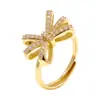 Anillo Geométrico Abierto de Lujo Ligero con Incrustaciones de Circonita y Forma de Moño de Cobre, Anillo Versátil para Mujer