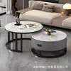 Juego de mesas de centro redondas modernas minimalistas con tablero blanco brillante, marco blanco y gabinete gris, mesas redondas apilables para la sala de estar